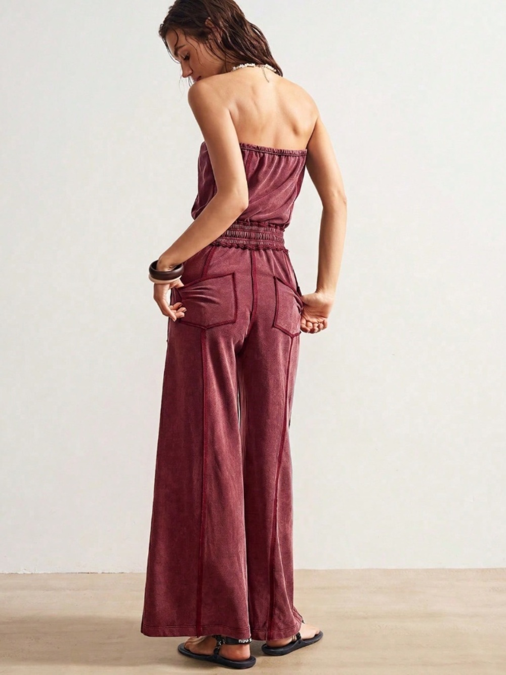 Strapless Burgundy Boho Wide Leg Jumpsuit with Pockets - Picture 3 of 8